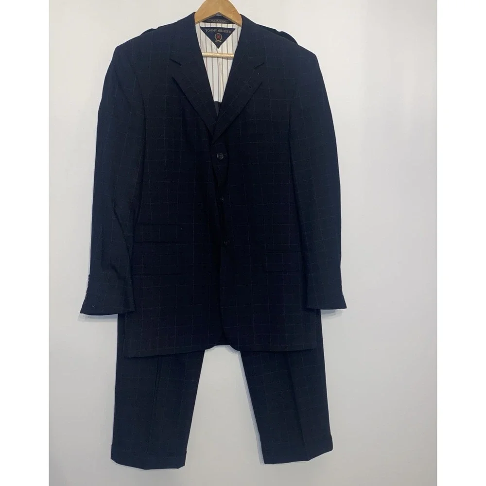 Vintage Tommy Hilfiger Suit Black Windowpane 2 Pc Pleated 90s Made USA 42R 33x29